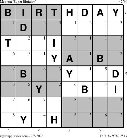 The grouppuzzles.com Medium Super-Birthday puzzle for Tuesday February 3, 2026 with all 8 steps marked