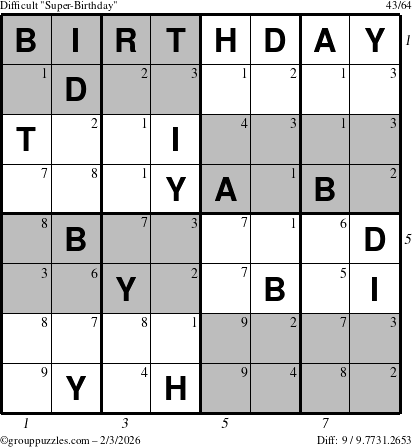 The grouppuzzles.com Difficult Super-Birthday puzzle for Tuesday February 3, 2026, suitable for printing, with all 9 steps marked