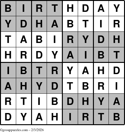 The grouppuzzles.com Answer grid for the Super-Birthday puzzle for Tuesday February 3, 2026