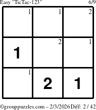 The grouppuzzles.com Easy TicTac-123 puzzle for Tuesday February 3, 2026 with the first 2 steps marked