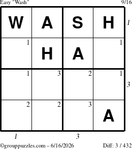 The grouppuzzles.com Easy Wash puzzle for Tuesday June 16, 2026, suitable for printing, with all 3 steps marked