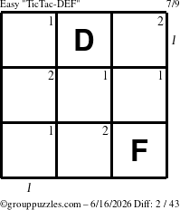 The grouppuzzles.com Easy TicTac-DEF puzzle for Tuesday June 16, 2026 with all 2 steps marked