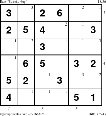The grouppuzzles.com Easy Sudoku-6up puzzle for Tuesday June 16, 2026, suitable for printing, with all 3 steps marked