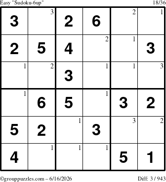 The grouppuzzles.com Easy Sudoku-6up puzzle for Tuesday June 16, 2026 with the first 3 steps marked