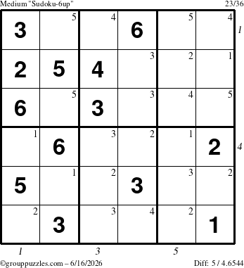 The grouppuzzles.com Medium Sudoku-6up puzzle for Tuesday June 16, 2026 with all 5 steps marked