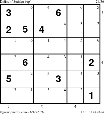 The grouppuzzles.com Difficult Sudoku-6up puzzle for Tuesday June 16, 2026 with all 6 steps marked