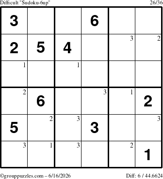 The grouppuzzles.com Difficult Sudoku-6up puzzle for Tuesday June 16, 2026 with the first 3 steps marked