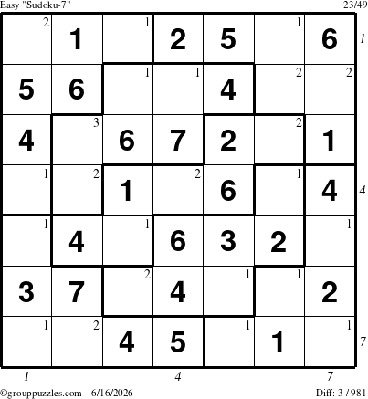 The grouppuzzles.com Easy Sudoku-7 puzzle for Tuesday June 16, 2026 with all 3 steps marked
