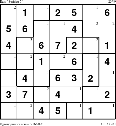 The grouppuzzles.com Easy Sudoku-7 puzzle for Tuesday June 16, 2026 with the first 3 steps marked