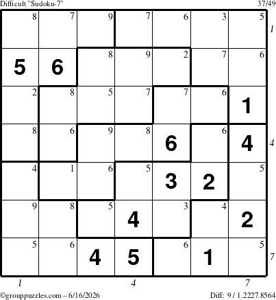 The grouppuzzles.com Difficult Sudoku-7 puzzle for Tuesday June 16, 2026, suitable for printing, with all 9 steps marked
