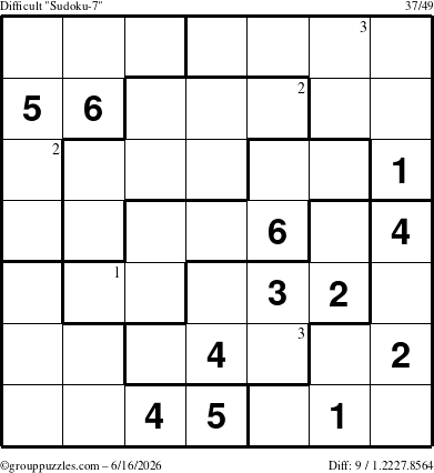 The grouppuzzles.com Difficult Sudoku-7 puzzle for Tuesday June 16, 2026 with the first 3 steps marked