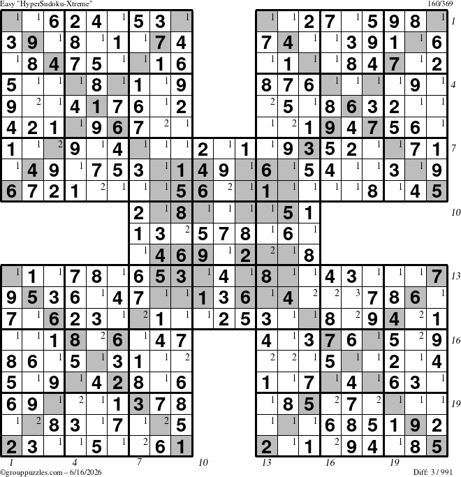 The grouppuzzles.com Easy HyperSudoku-Xtreme puzzle for Tuesday June 16, 2026, suitable for printing, with all 3 steps marked