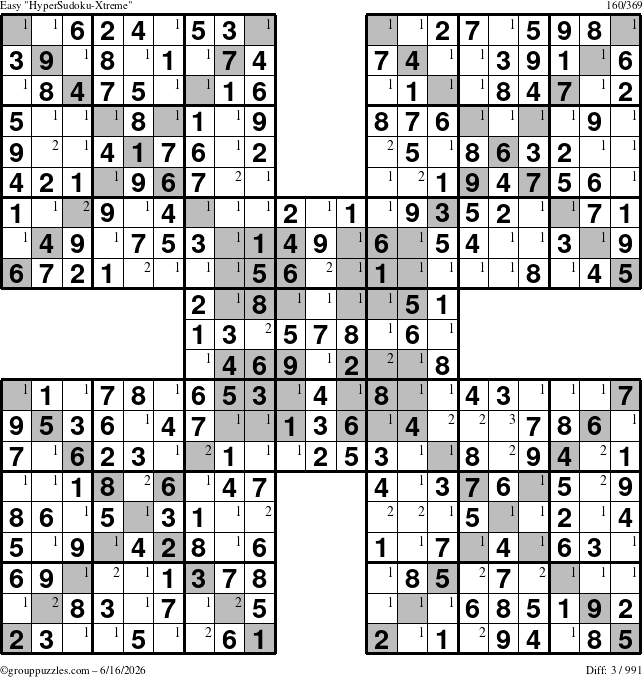 The grouppuzzles.com Easy HyperSudoku-Xtreme puzzle for Tuesday June 16, 2026 with the first 3 steps marked