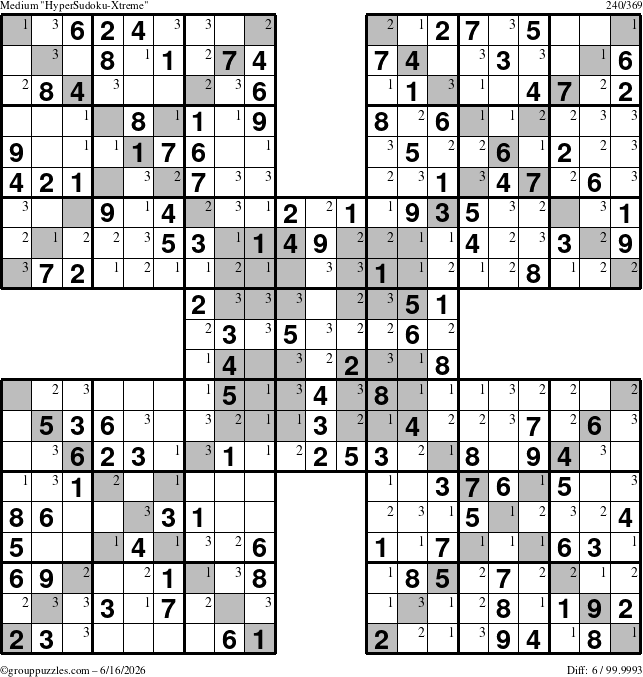The grouppuzzles.com Medium HyperSudoku-Xtreme puzzle for Tuesday June 16, 2026 with the first 3 steps marked