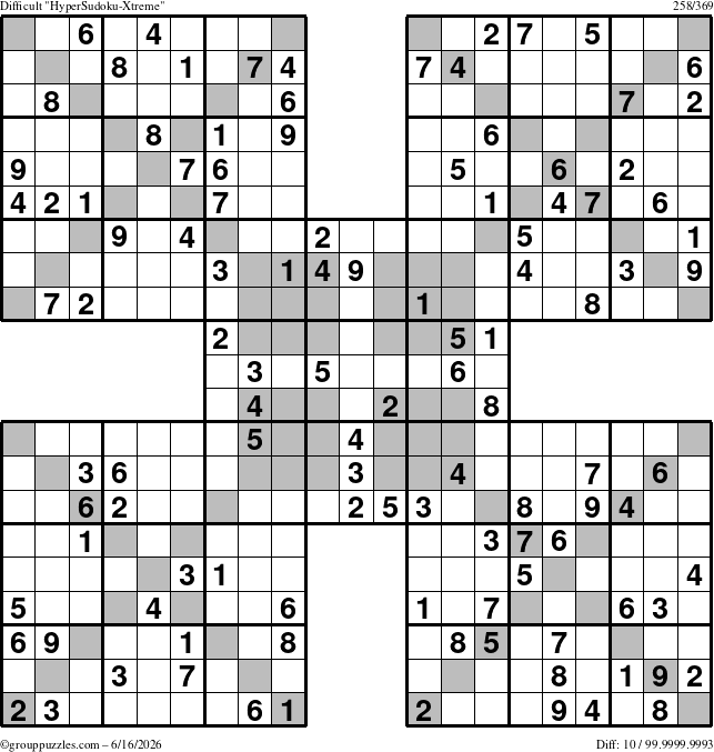 The grouppuzzles.com Difficult HyperSudoku-Xtreme puzzle for Tuesday June 16, 2026