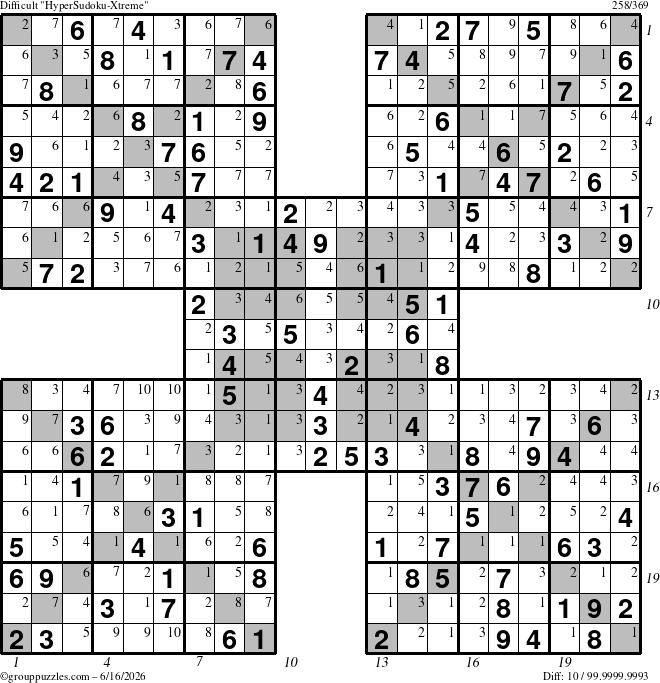 The grouppuzzles.com Difficult HyperSudoku-Xtreme puzzle for Tuesday June 16, 2026 with all 10 steps marked