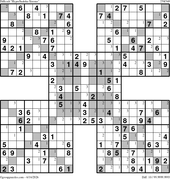 The grouppuzzles.com Difficult HyperSudoku-Xtreme puzzle for Tuesday June 16, 2026 with the first 3 steps marked