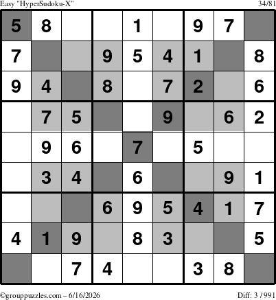 The grouppuzzles.com Easy HyperSudoku-X puzzle for Tuesday June 16, 2026