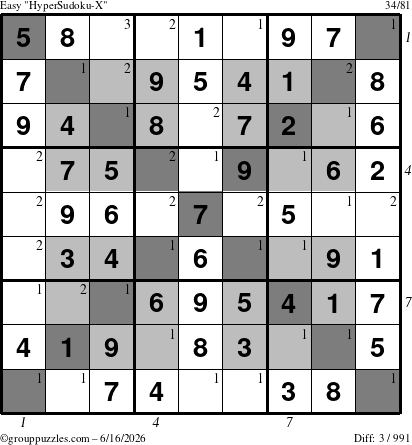 The grouppuzzles.com Easy HyperSudoku-X puzzle for Tuesday June 16, 2026 with all 3 steps marked