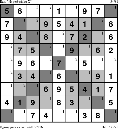 The grouppuzzles.com Easy HyperSudoku-X puzzle for Tuesday June 16, 2026 with the first 3 steps marked