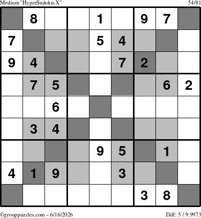 The grouppuzzles.com Medium HyperSudoku-X puzzle for Tuesday June 16, 2026