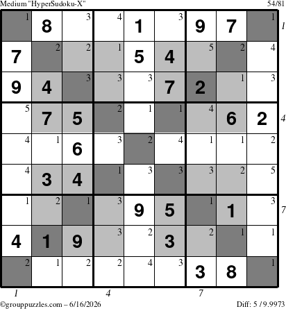 The grouppuzzles.com Medium HyperSudoku-X puzzle for Tuesday June 16, 2026, suitable for printing, with all 5 steps marked