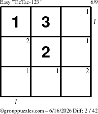 The grouppuzzles.com Easy TicTac-123 puzzle for Tuesday June 16, 2026, suitable for printing, with all 2 steps marked