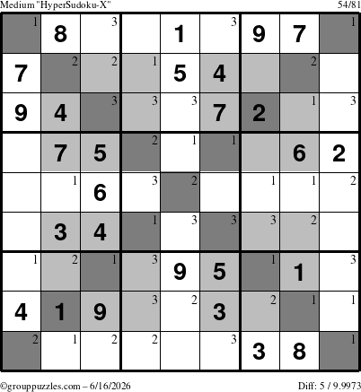 The grouppuzzles.com Medium HyperSudoku-X puzzle for Tuesday June 16, 2026 with the first 3 steps marked
