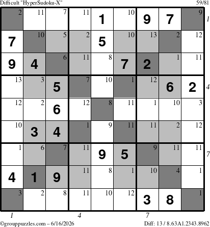 The grouppuzzles.com Difficult HyperSudoku-X puzzle for Tuesday June 16, 2026, suitable for printing, with all 13 steps marked