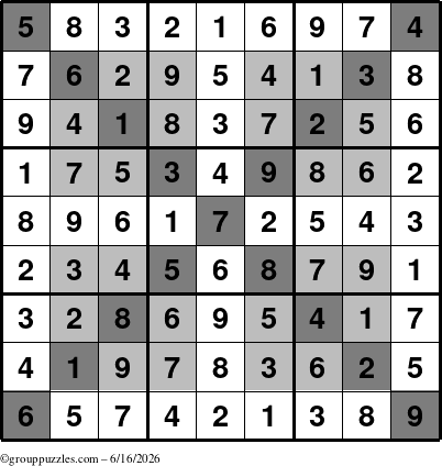 The grouppuzzles.com Answer grid for the HyperSudoku-X puzzle for Tuesday June 16, 2026