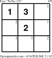 The grouppuzzles.com Easy TicTac-123 puzzle for Tuesday June 16, 2026 with the first 2 steps marked