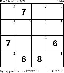 The grouppuzzles.com Easy Sudoku-4-5678 puzzle for Friday December 19, 2025 with the first 3 steps marked
