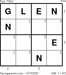 The grouppuzzles.com Easy Glen puzzle for Friday December 19, 2025 with all 3 steps marked