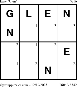 The grouppuzzles.com Easy Glen puzzle for Friday December 19, 2025 with the first 3 steps marked