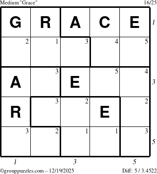 The grouppuzzles.com Medium Grace puzzle for Friday December 19, 2025, suitable for printing, with all 5 steps marked