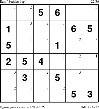 The grouppuzzles.com Easy Sudoku-6up puzzle for Friday December 19, 2025 with the first 3 steps marked