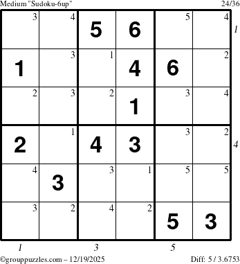 The grouppuzzles.com Medium Sudoku-6up puzzle for Friday December 19, 2025 with all 5 steps marked