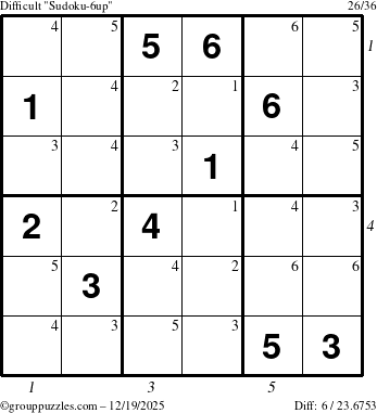 The grouppuzzles.com Difficult Sudoku-6up puzzle for Friday December 19, 2025 with all 6 steps marked
