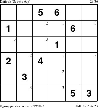 The grouppuzzles.com Difficult Sudoku-6up puzzle for Friday December 19, 2025 with the first 3 steps marked