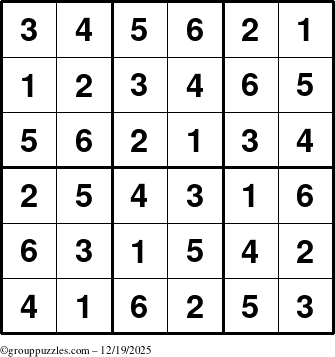 The grouppuzzles.com Answer grid for the Sudoku-6up puzzle for Friday December 19, 2025
