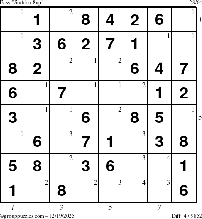 The grouppuzzles.com Easy Sudoku-8up puzzle for Friday December 19, 2025 with all 4 steps marked