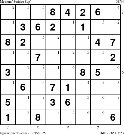 The grouppuzzles.com Medium Sudoku-8up puzzle for Friday December 19, 2025, suitable for printing, with all 7 steps marked