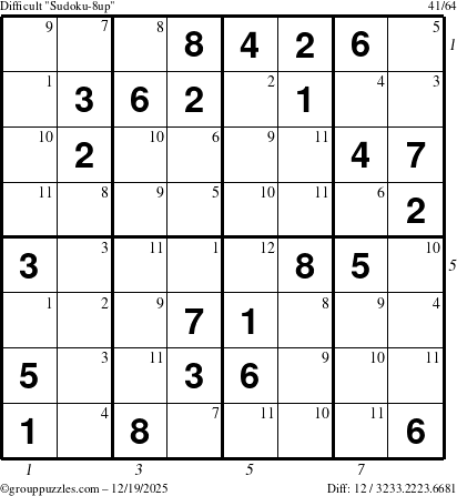 The grouppuzzles.com Difficult Sudoku-8up puzzle for Friday December 19, 2025 with all 12 steps marked