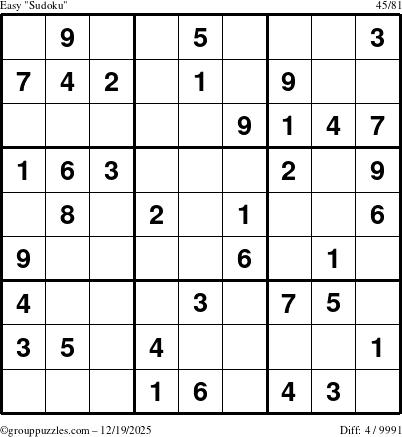 The grouppuzzles.com Easy Sudoku puzzle for Friday December 19, 2025