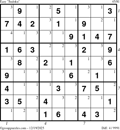 The grouppuzzles.com Easy Sudoku puzzle for Friday December 19, 2025 with all 4 steps marked