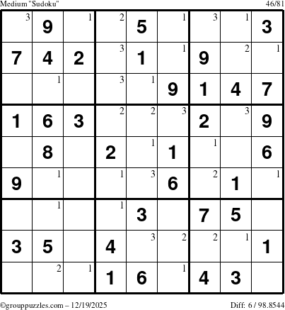 The grouppuzzles.com Medium Sudoku puzzle for Friday December 19, 2025 with the first 3 steps marked