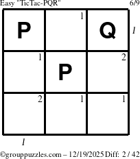 The grouppuzzles.com Easy TicTac-PQR puzzle for Friday December 19, 2025 with all 2 steps marked