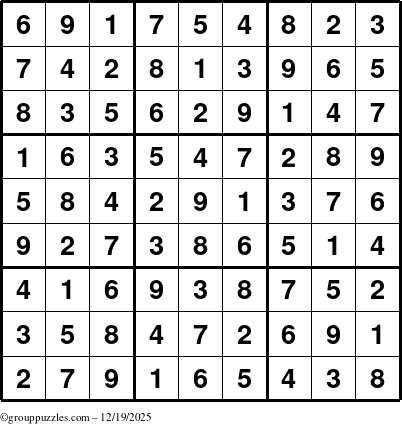 The grouppuzzles.com Answer grid for the Sudoku puzzle for Friday December 19, 2025
