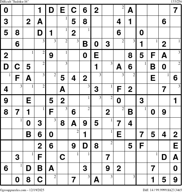 The grouppuzzles.com Difficult Sudoku-16 puzzle for Friday December 19, 2025 with the first 3 steps marked