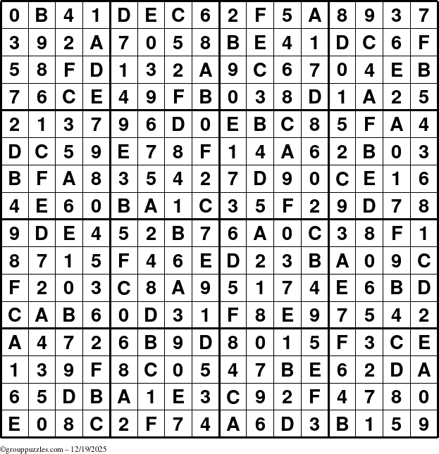 The grouppuzzles.com Answer grid for the Sudoku-16 puzzle for Friday December 19, 2025